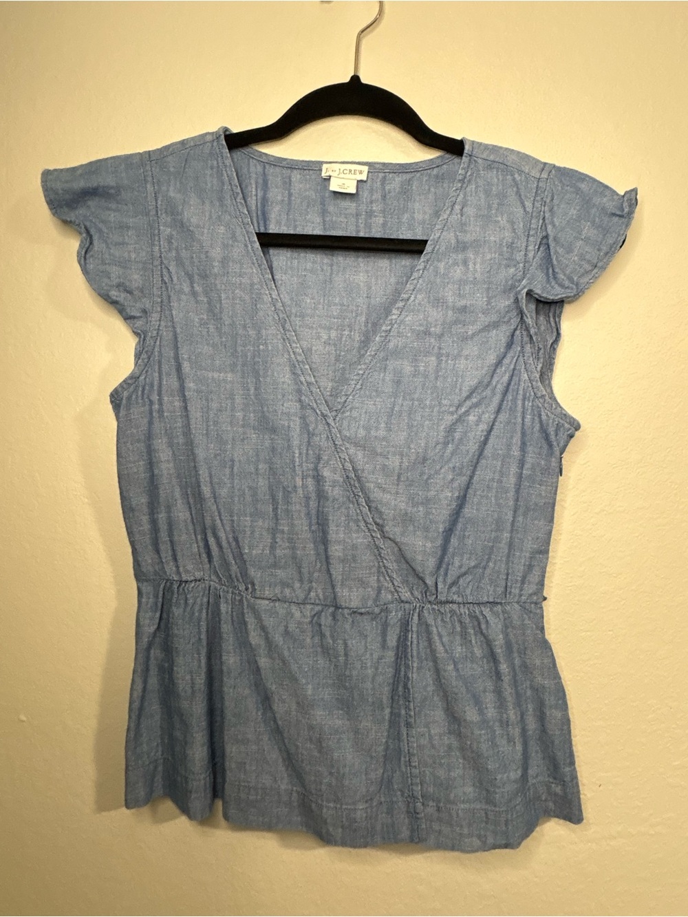 J. Crew Light Blue Chambray Wrap-Style Peplum Top